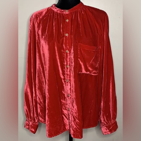 Anthropologie Pilcro Velvet Button-Up Cherry Red Blouse | Large | Stunning Color - Picture 13 of 14